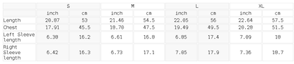 Size chart for the Women's Raglan Off-the-Shoulder T-Shirt
