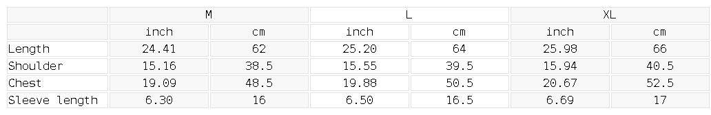 Size chart for the Women's Raglan Training T-Shirt