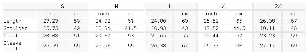 Size chart for the Women's Raw Edge Full Zip Hoodie