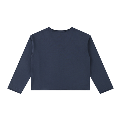 Women's Raw Hem Long Sleeve T-Shirt in navy blue, alternate angle
