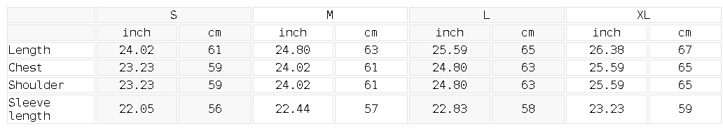 Size chart for the Women's Raw Hem Long Sleeve T-Shirt