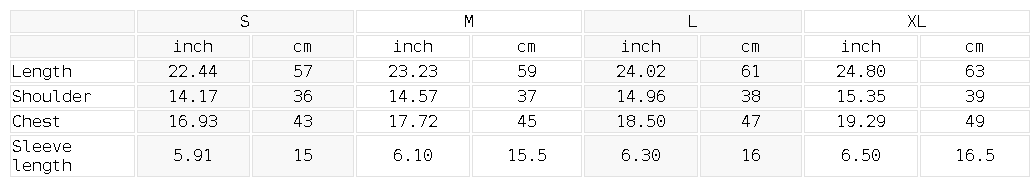 Size chart for the Women's Regular Fit Crewneck T-Shirt
