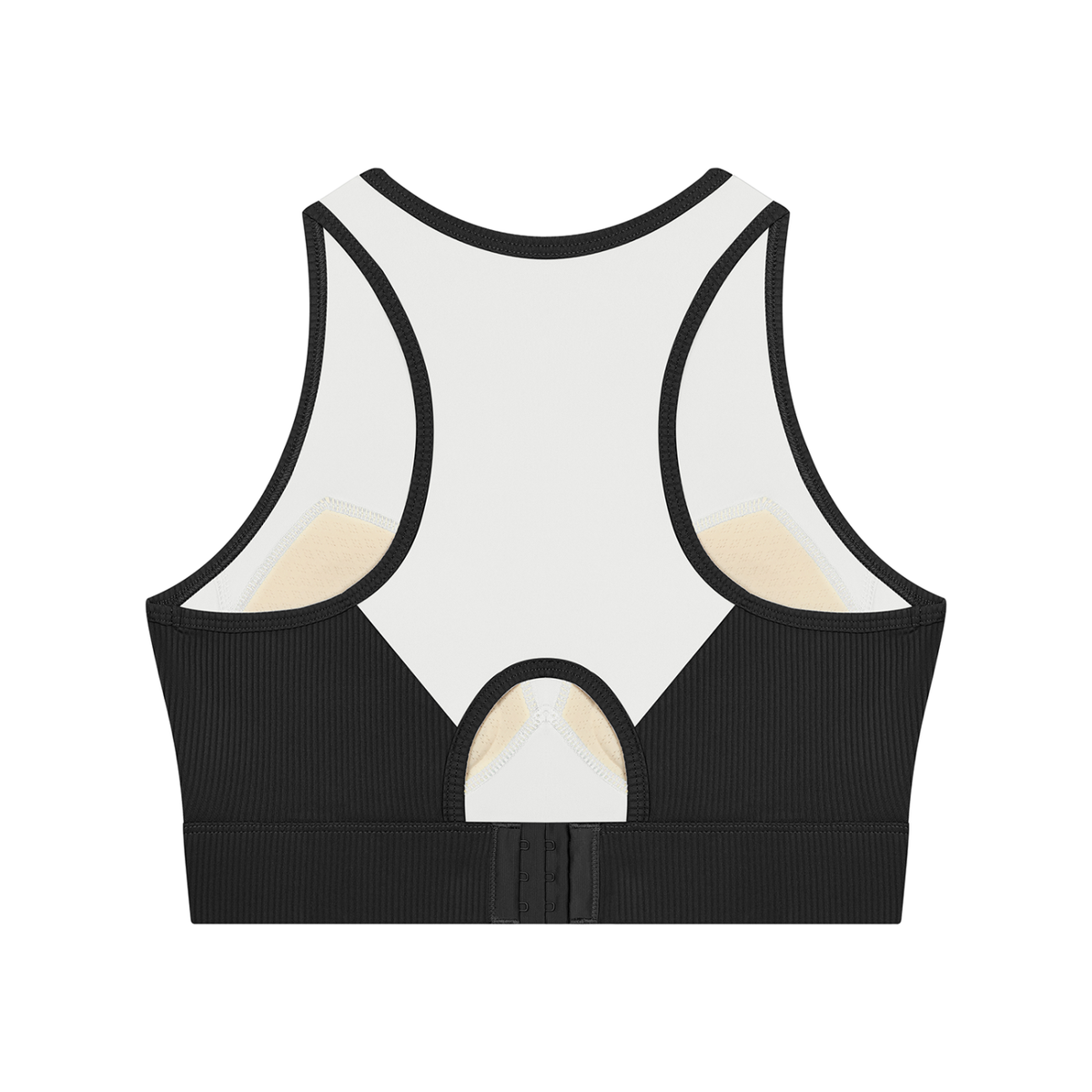 Women's Ribbed Hem Paneled Crop Tank Top in black with white, alternate angle