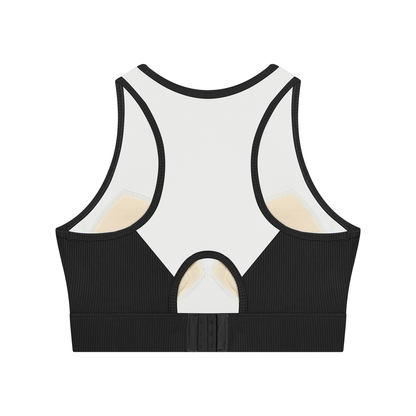 Women's Ribbed Hem Paneled Crop Tank Top in black with white, alternate angle