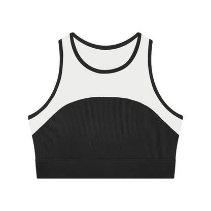 Women's Ribbed Hem Paneled Crop Tank Top in black with white