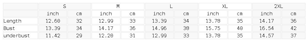 Size chart for the Women's Ribbed Hem Paneled Crop Tank Top