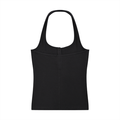 Women's Ribbed Henley Tank Top in black, alternate angle
