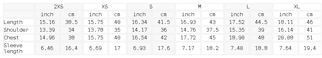 Size chart for the Women's Ringer Performance T-Shirt