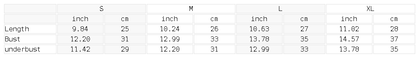 Size chart for the Women's Ruched Cropped Tube Top