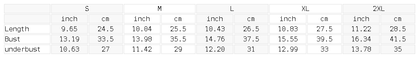 Size chart for the Women's Ruched Cropped Yoga Tank Top