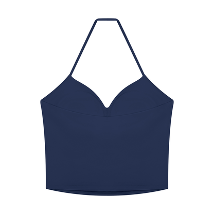 Women's Ruched Halter Yoga Tank Top in navy blue, alternate angle