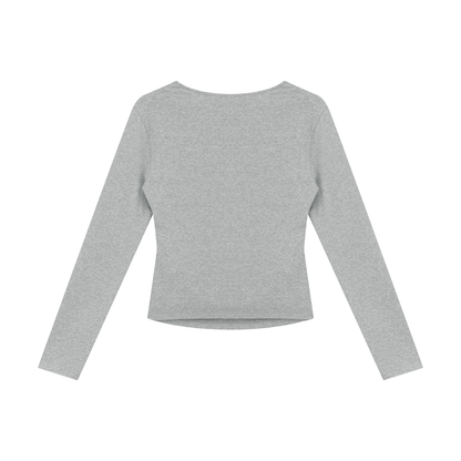 Women's Ruched Long Sleeve T-Shirt in flower gray, alternate angle