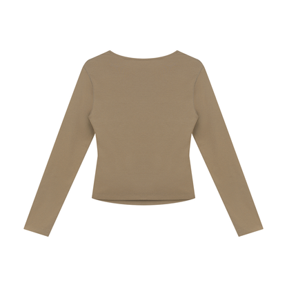 Women's Ruched Long Sleeve T-Shirt in light coffee, alternate angle
