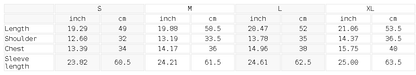 Size chart for the Women's Ruched Long Sleeve T-Shirt