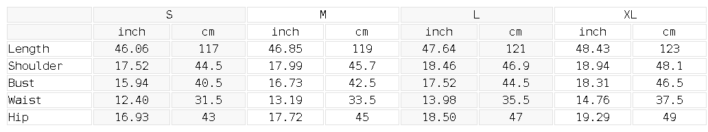 Size chart for the Women's Ruched Sleeveless Dress