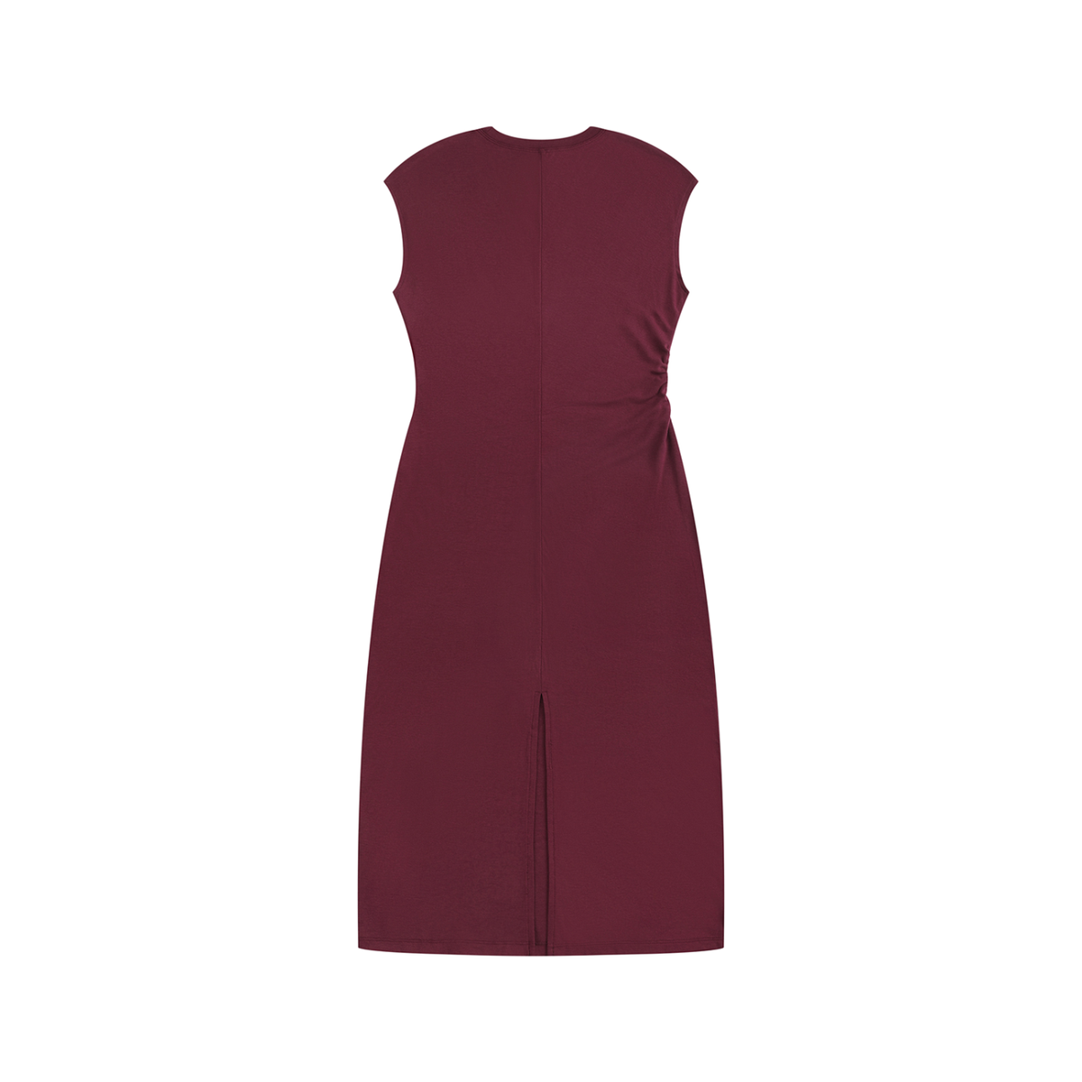 Women's Ruched Sleeveless Dress in wine red, alternate angle
