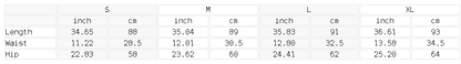 Size chart for the Women's Ruched Wide Leg Pants