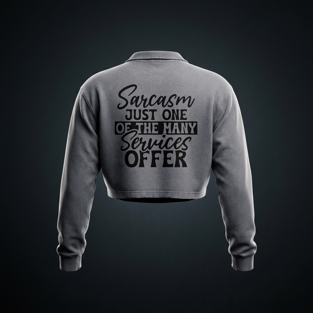 Cement gray women's vintage wash cropped collared sweatshirt with black cursive and bold capital Sarcasm just one of the many services offer lettering with a black band on the back shown against a dark studio backdrop