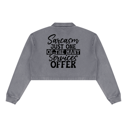 Cement Gray women's vintage wash cropped collared sweatshirt with black cursive and bold capital Sarcasm just one of the many services offer lettering with a black band on the back