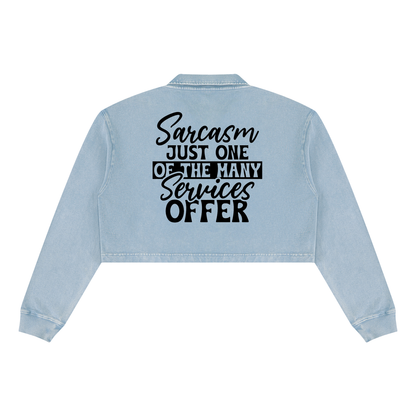 Gray Blue women's vintage wash cropped collared sweatshirt with black cursive and bold capital Sarcasm just one of the many services offer lettering with a black band on the back