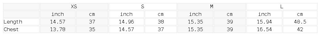 Size chart for the Women's Scoop Neck Cropped Tank Top