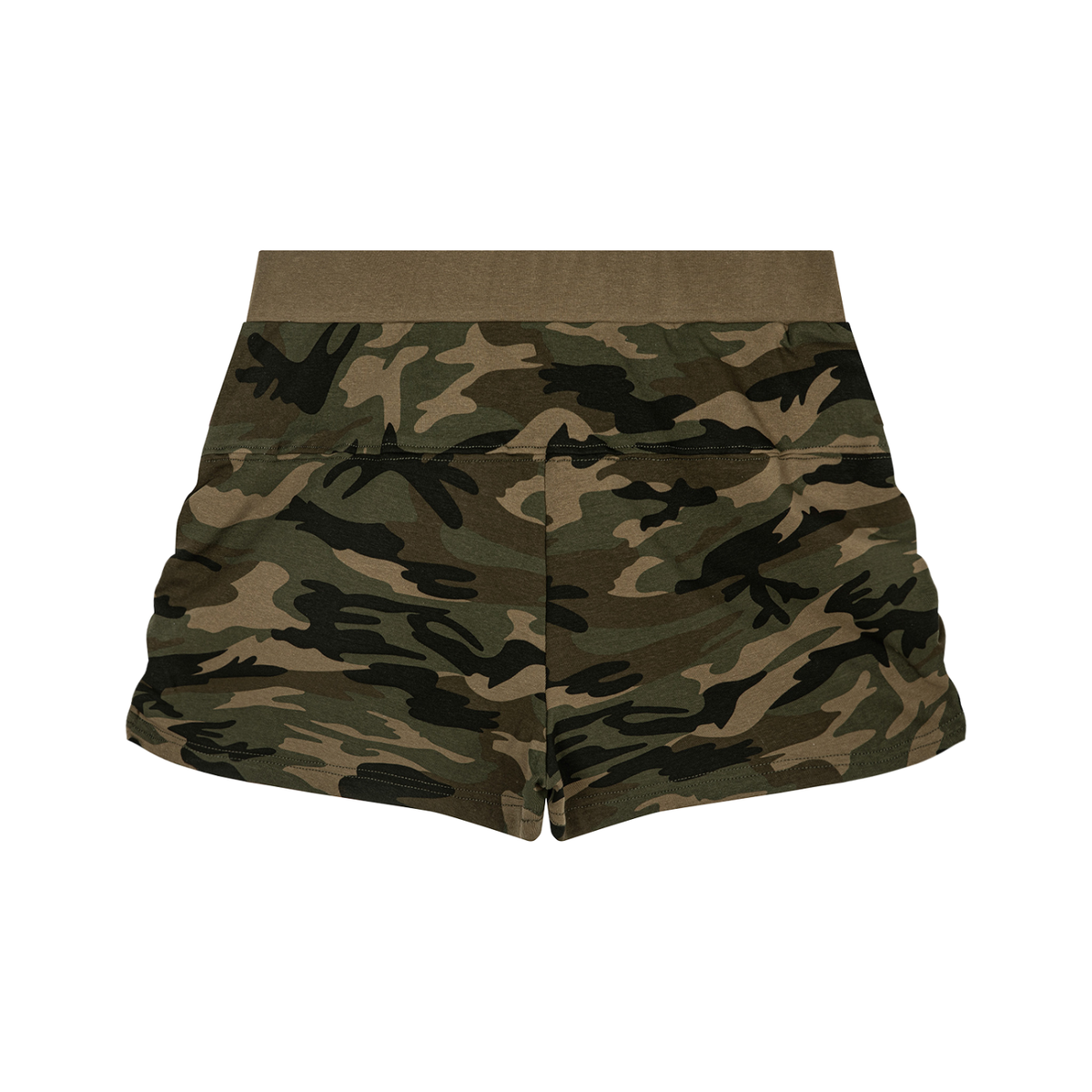 Women's Slim Camo Shorts in army green camo, alternate angle