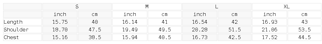 Size chart for the Women's Slim Crop T-Shirt