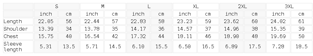 Size chart for the Women's Slim Fit Crewneck T-Shirt