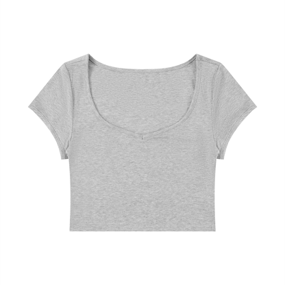 Women's Slim Fit U-Neck Crop T-Shirt in flower gray