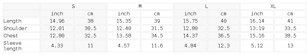 Size chart for the Women's Slim Fit U-Neck Crop T-Shirt