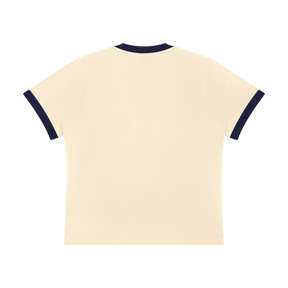 Women's Sorona Ringer T-Shirt in apricot with navy blue, alternate angle
