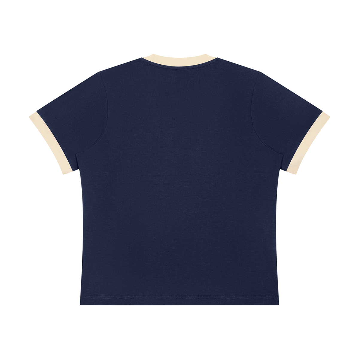 Women's Sorona Ringer T-Shirt in navy blue with apricot, alternate angle