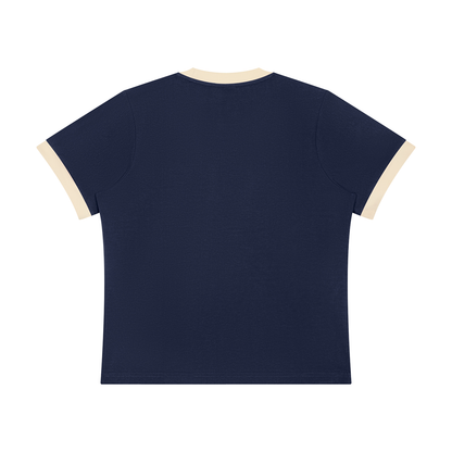 Women's Sorona Ringer T-Shirt in navy blue with apricot, alternate angle