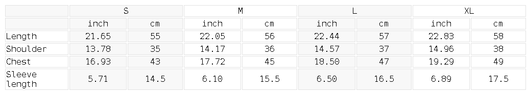 Size chart for the Women's Sorona Ringer T-Shirt
