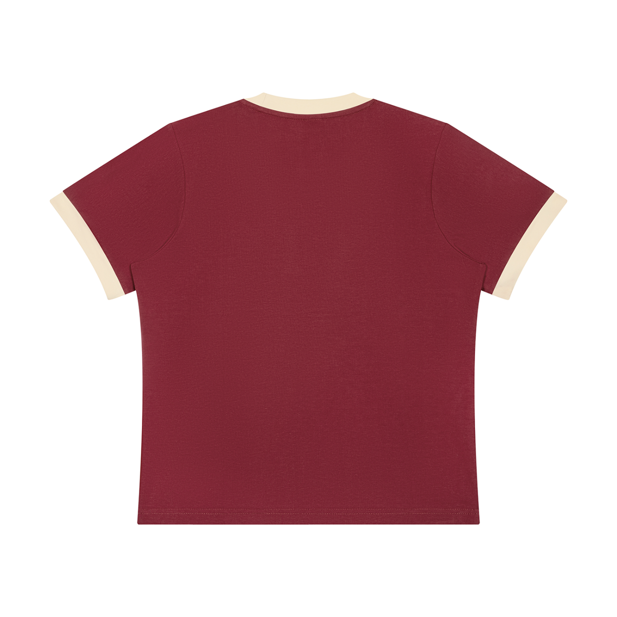 Women's Sorona Ringer T-Shirt in wine red with apricot, alternate angle