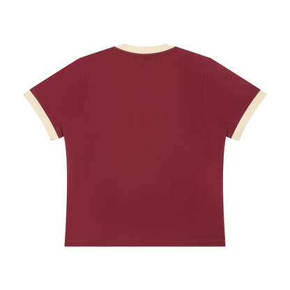 Women's Sorona Ringer T-Shirt in wine red with apricot, alternate angle