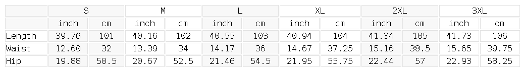 Size chart for the Women's Splatter Barrel Leg Jeans