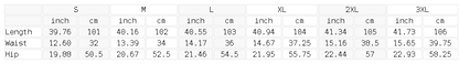 Size chart for the Women's Splatter Barrel Leg Jeans