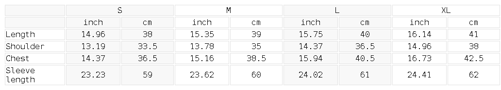 Size chart for the Women's Square Neck Cropped T-Shirt