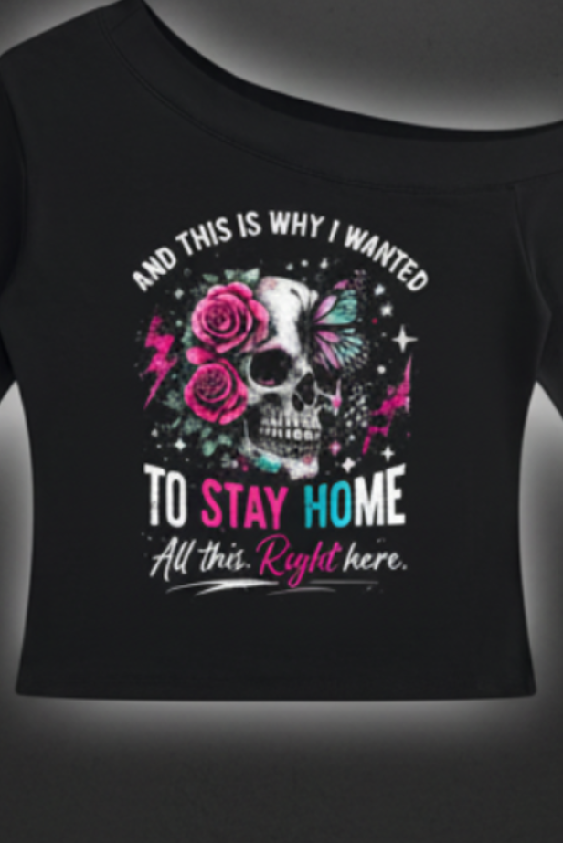 Women’s Stay Home Skull and Roses off-shoulder top in black