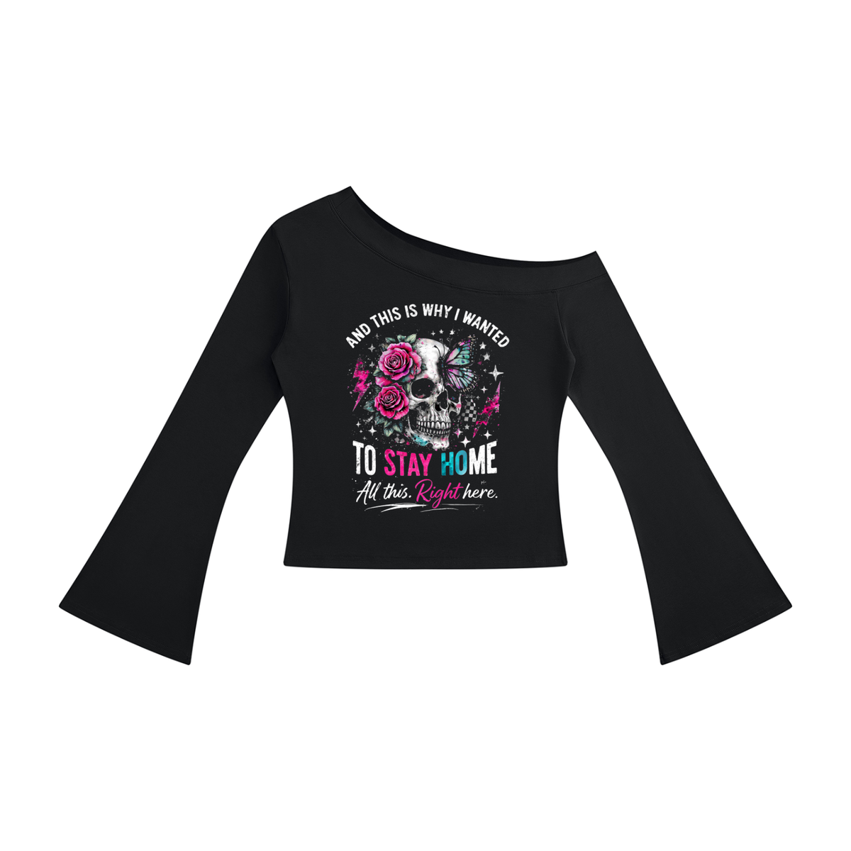 Women’s Stay Home Skull & Roses Off-Shoulder Top - Black – product image 1