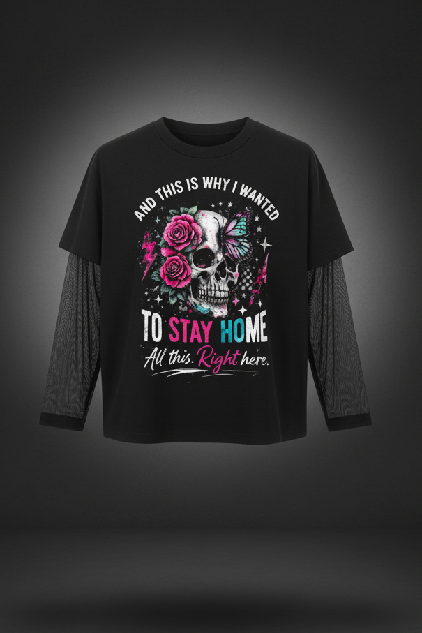 Women’s Stay Home Skull and Roses sunfade long sleeve T-shirt in black