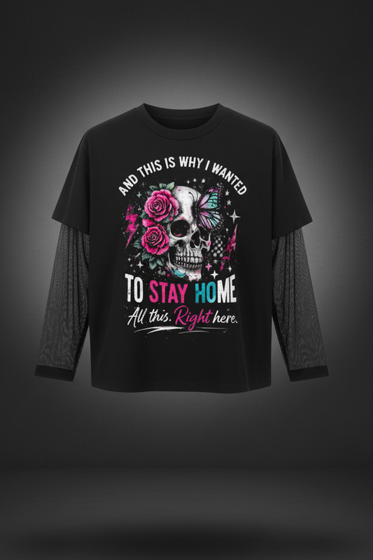 Women’s Stay Home Skull and Roses sunfade long sleeve T-shirt in black