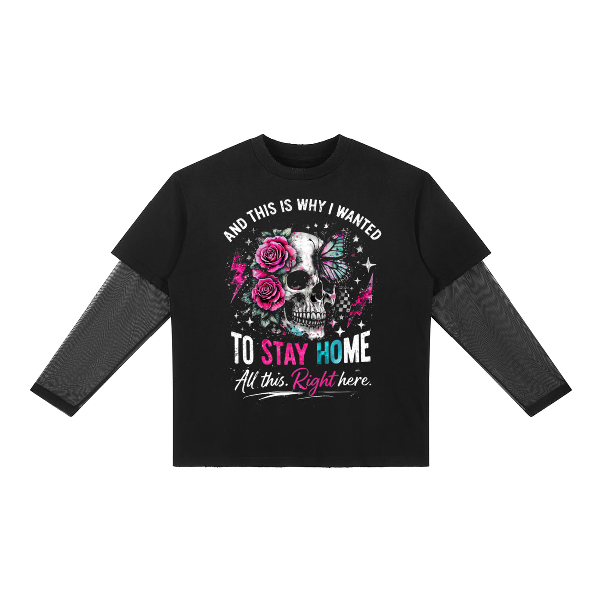 Women’s Stay Home Skull & Roses Sunfade Long Sleeve T-Shirt - Black – product image 2