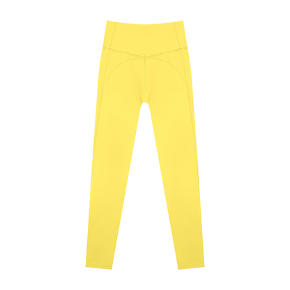 Women's Supportive High Rise Ankle Yoga Leggings in lemon yellow, alternate angle