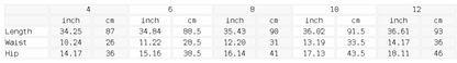 Size chart for the Women's Tapered Ankle Yoga Leggings