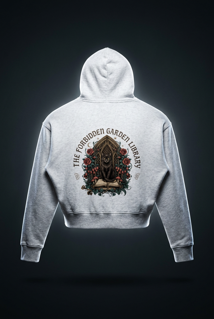 Women’s cropped drop-shoulder hoodie with a black cat in a gothic garden library doorway, The Forbidden Garden Library back print