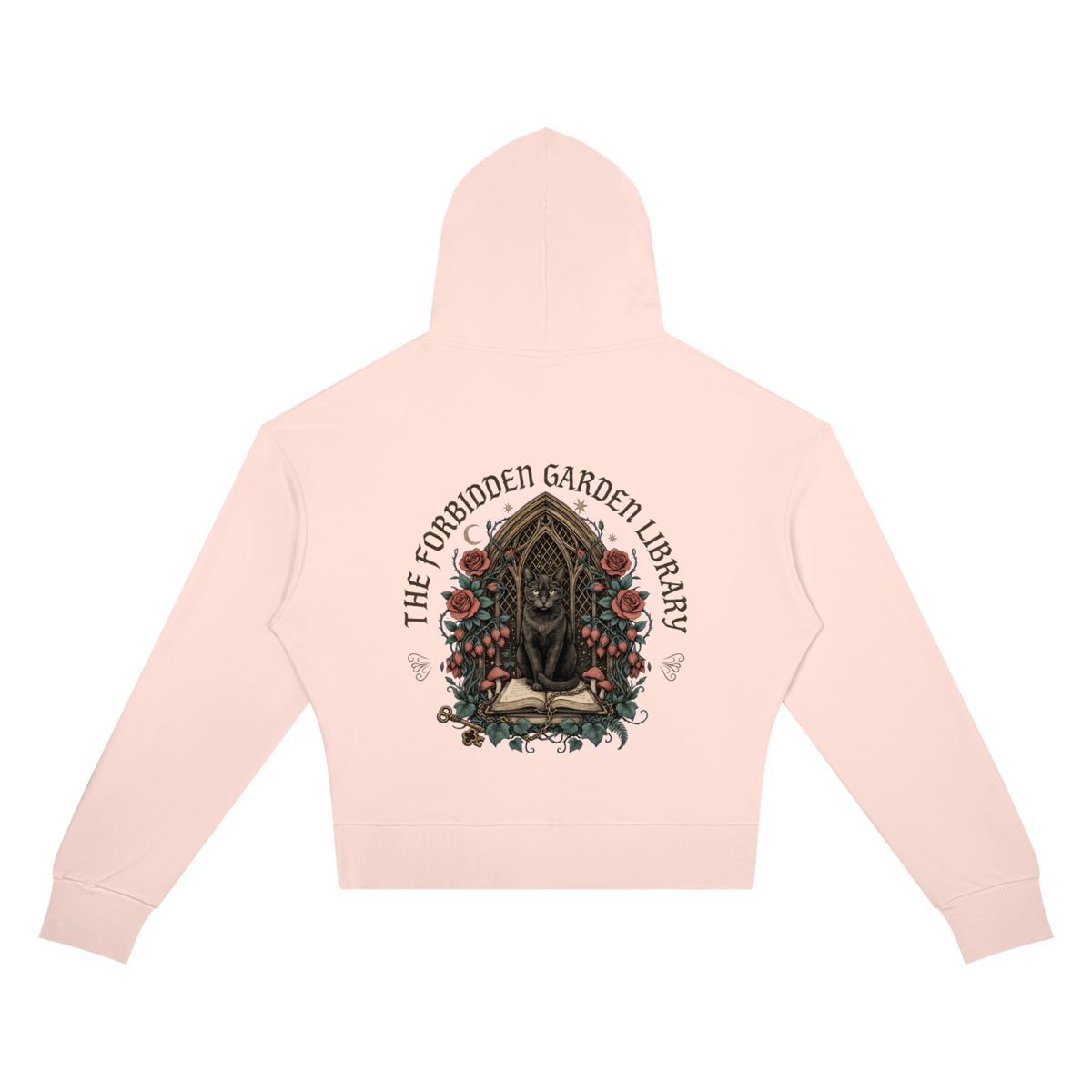 Women’s cropped drop-shoulder hoodie with a black cat in a gothic garden library doorway, The Forbidden Garden Library back print