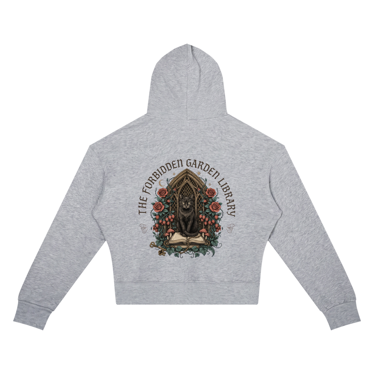 Women’s cropped drop-shoulder hoodie with a black cat in a gothic garden library doorway, The Forbidden Garden Library back print