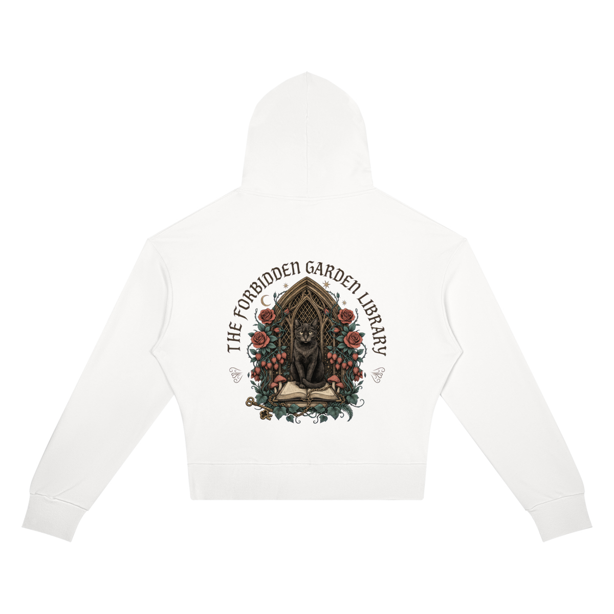 Women’s cropped drop-shoulder hoodie with a black cat in a gothic garden library doorway, The Forbidden Garden Library back print